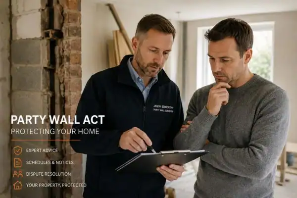 Party wall surveyor Rawmarsh discussing extension plans with homeowner outside a UK semi-detached house.